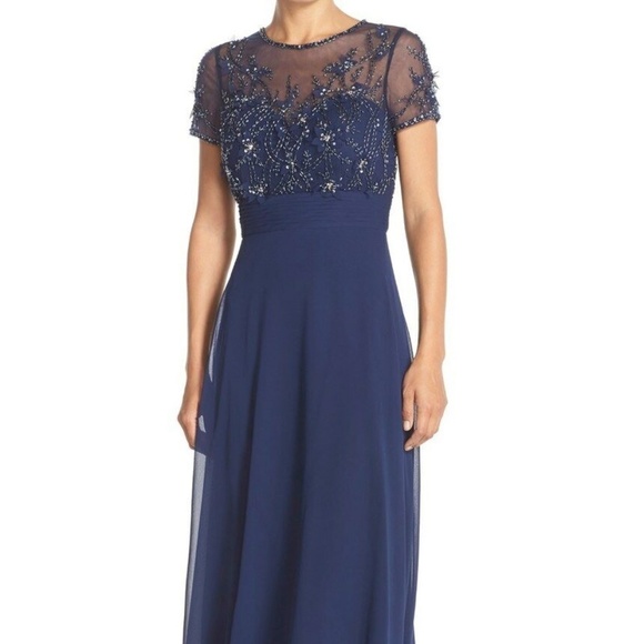 NWT JS Collections [ 0‎ or 2 ] Embellished Mesh & Chiffon Gown in Navy Blue - Picture 5 of 8